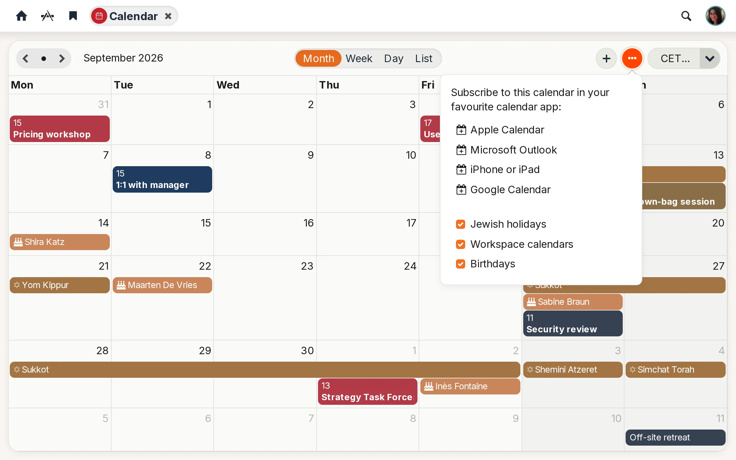 The Calendar with the Jewish year's holidays in place