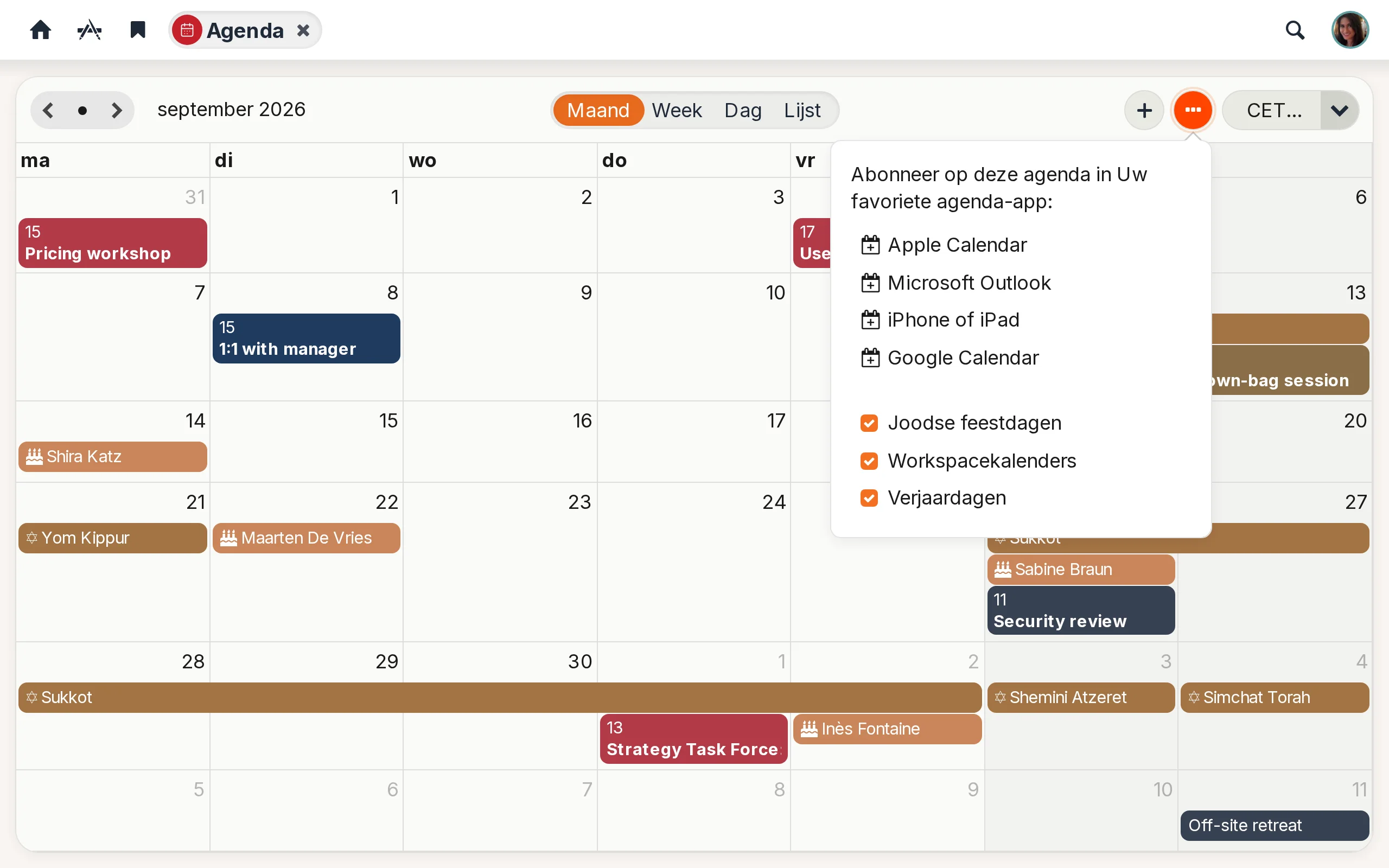 De Agenda met de feestdagen van het Joodse jaar