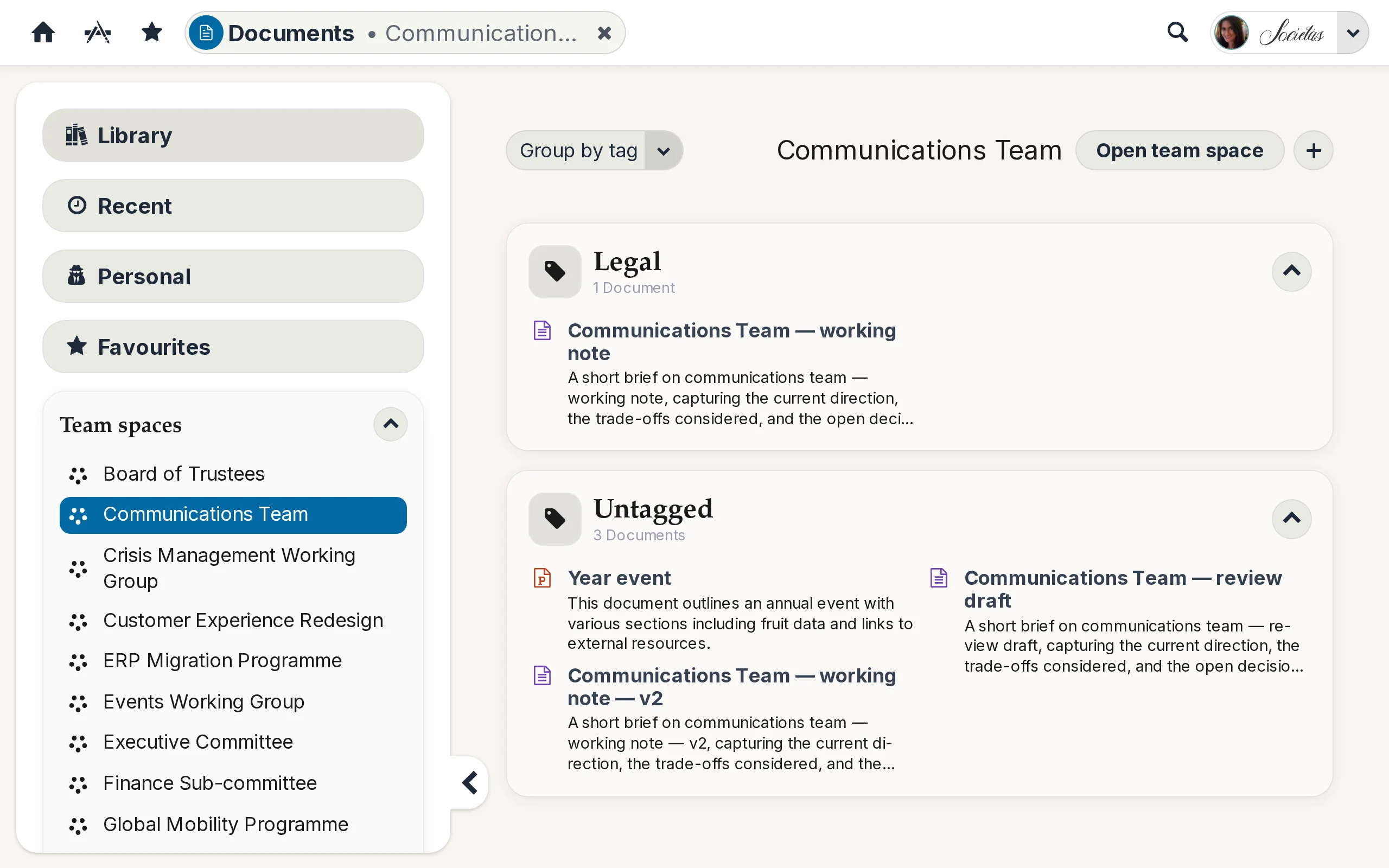 Team spaces inside Kikaron, ready to publish into the Documents library