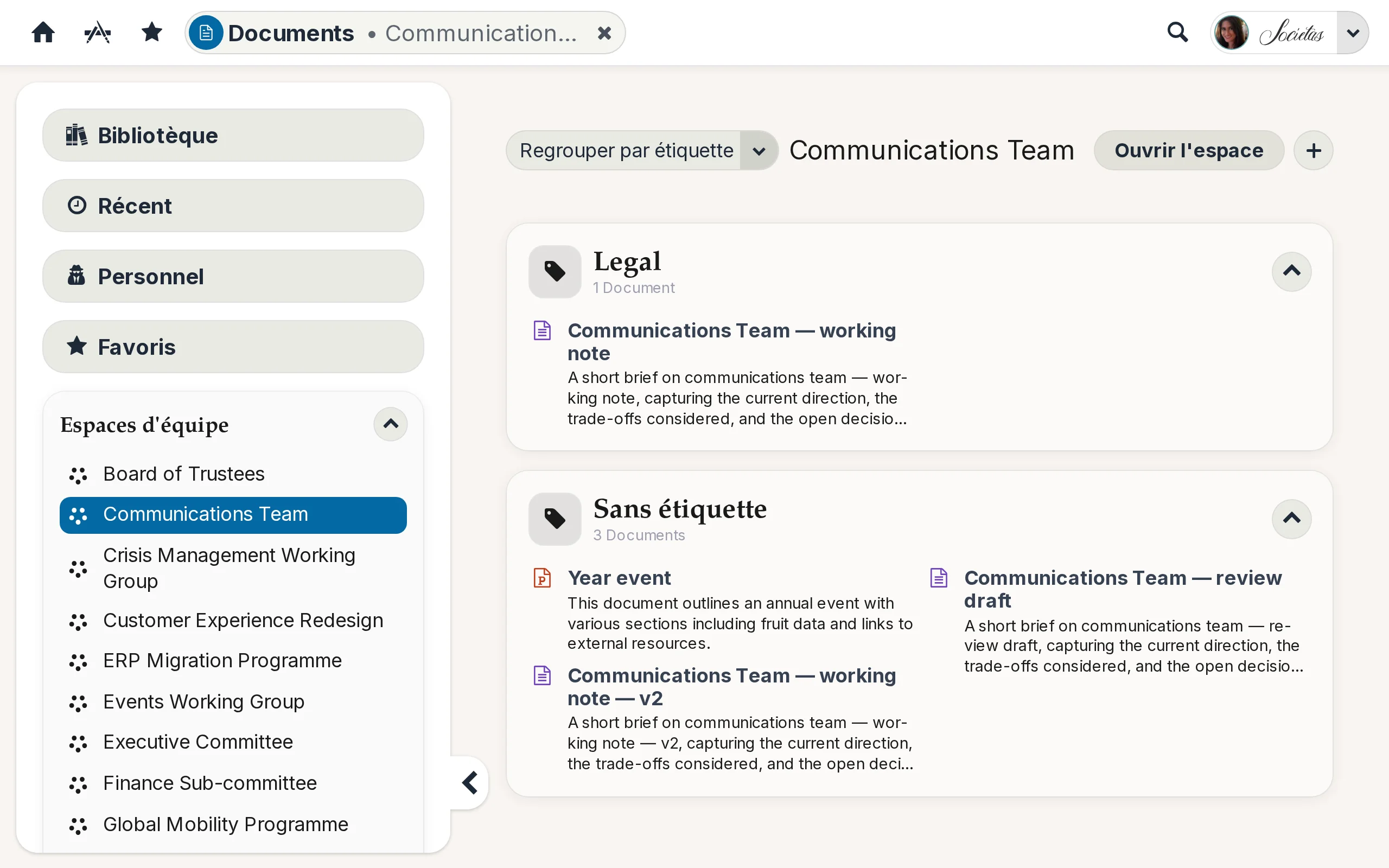 Les espaces d'équipe dans Kikaron, prêts à publier dans la bibliothèque Documents