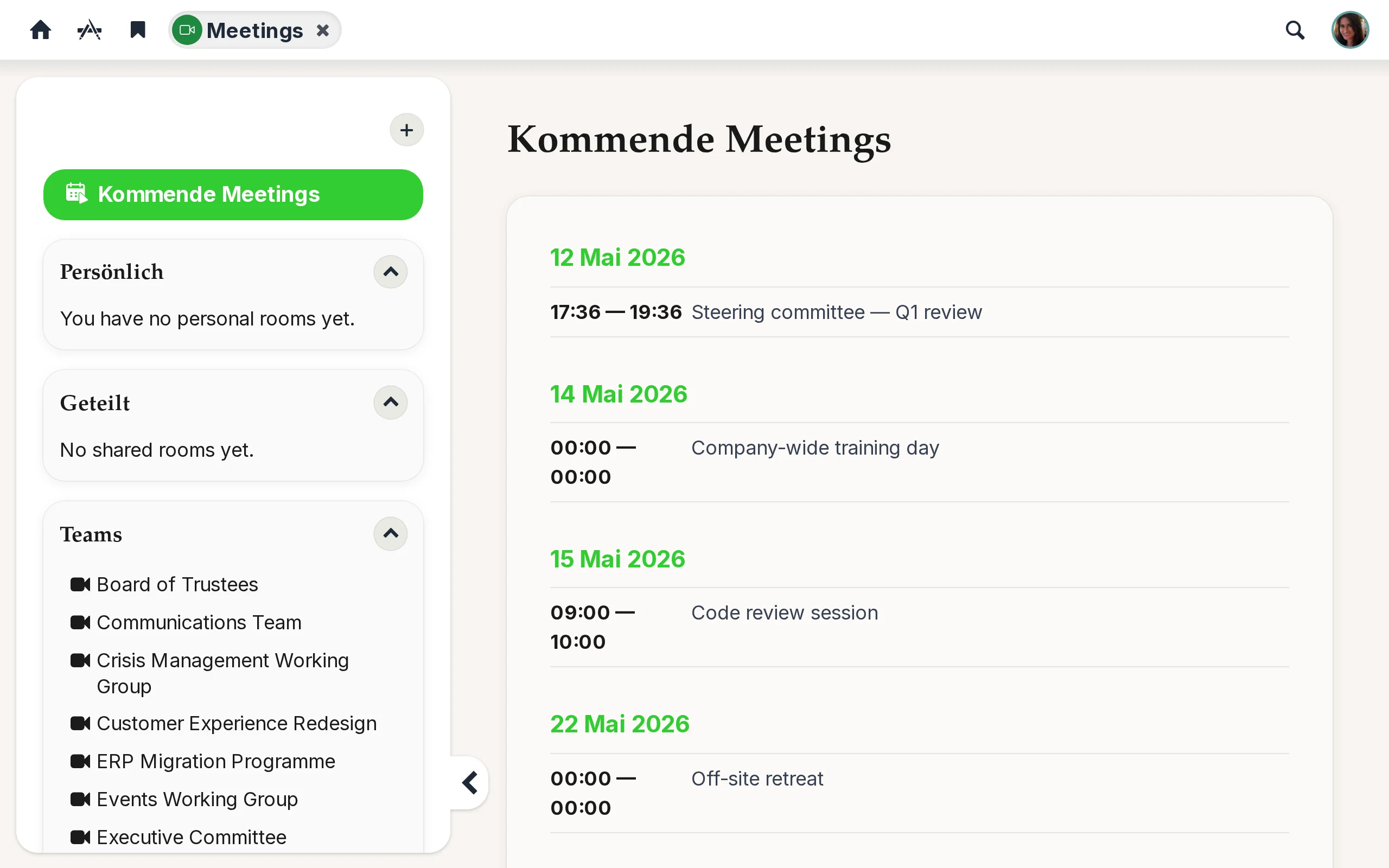Seitenleiste der Meetings-App mit persönlichen, geteilten und Teambereich-Räumen