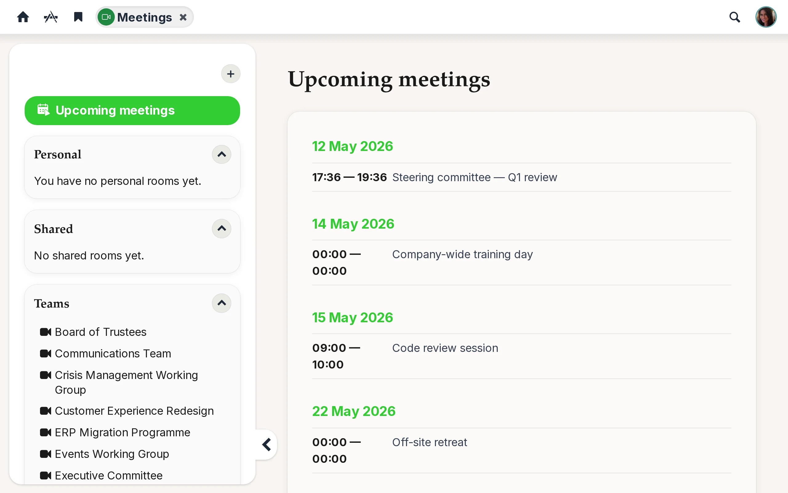 Meetings app sidebar listing personal, shared, and team space rooms