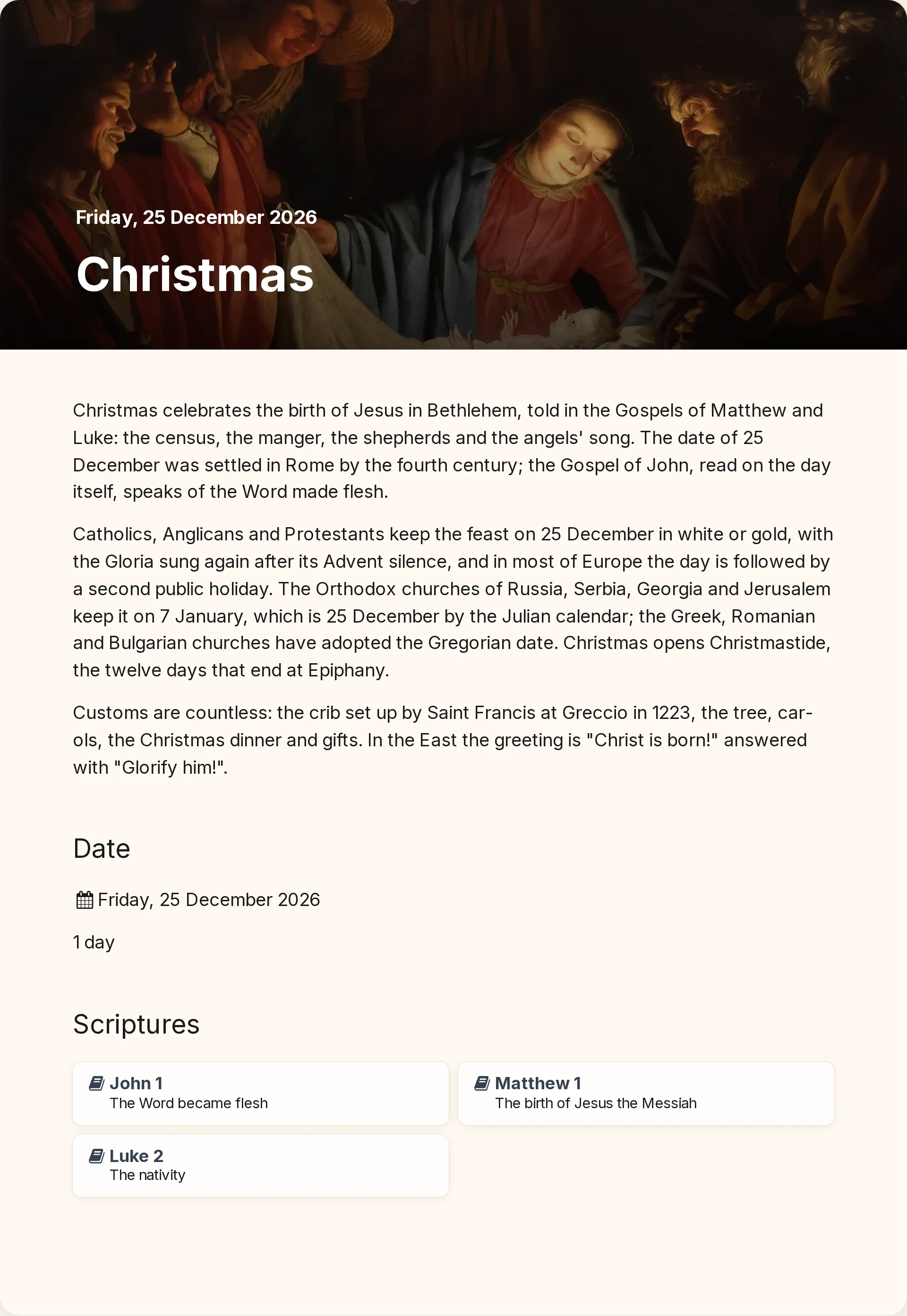 A pre-populated Christmas page with its readings linked into Chokhmah