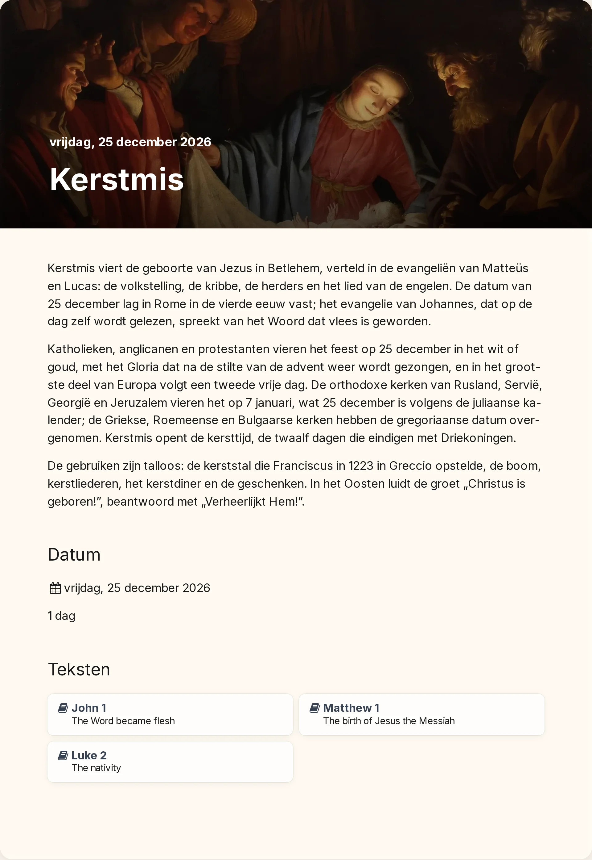 Een voorgevulde Kerstpagina met de lezingen gelinkt naar Chokhmah