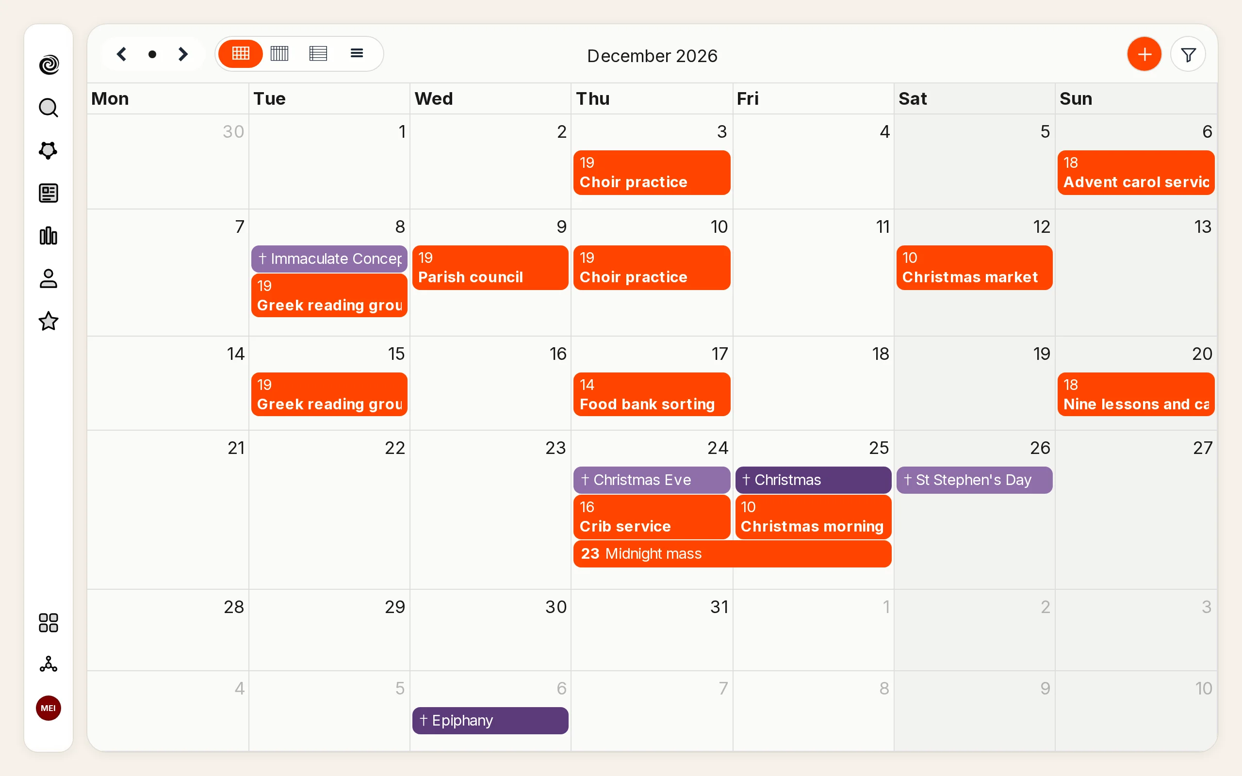 The Calendar with the church year's feasts beside a parish's own diary