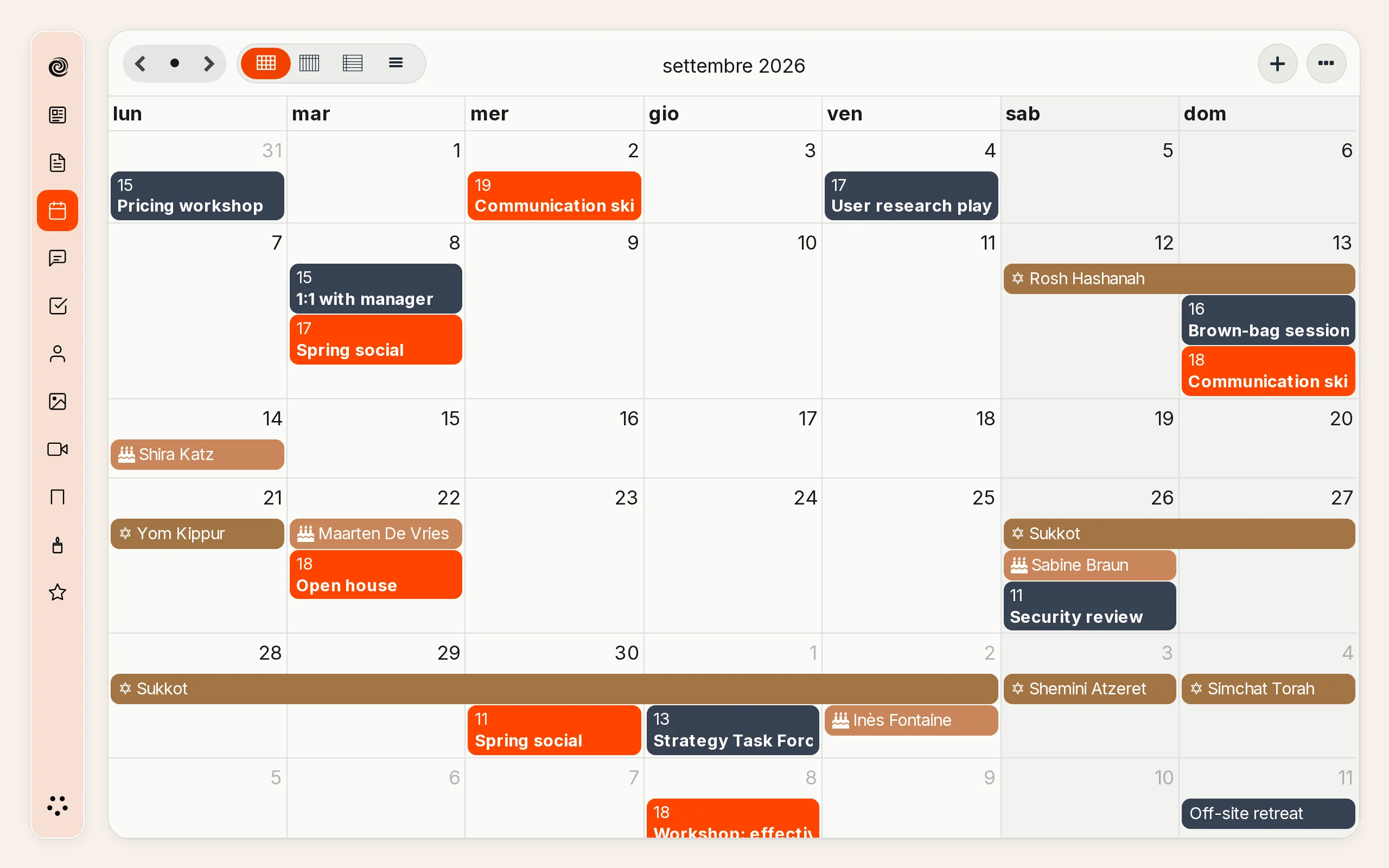 Il Calendario con le feste dell'anno ebraico in posizione