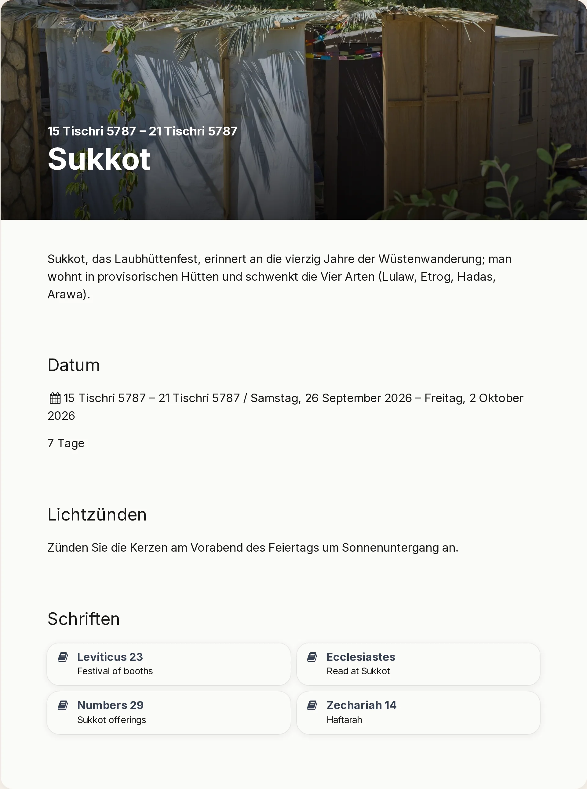 Eine vorausgefüllte Sukkot-Detailseite mit Verweisen in Chokhmah