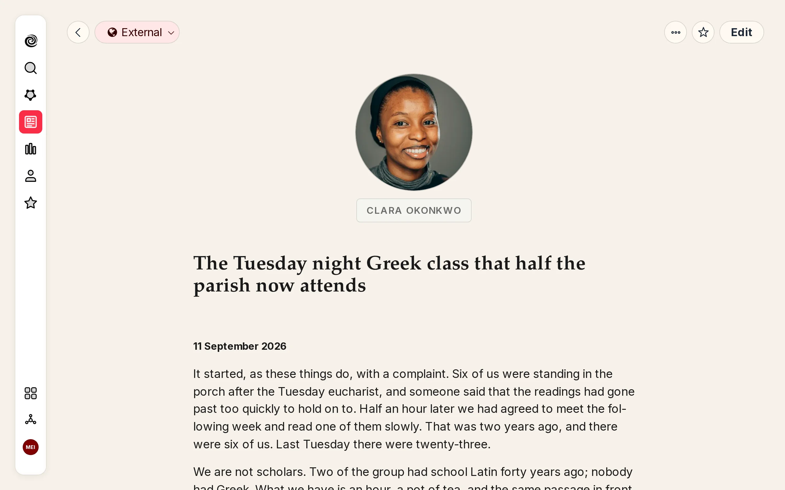 A member-written piece in a parish Newsletter