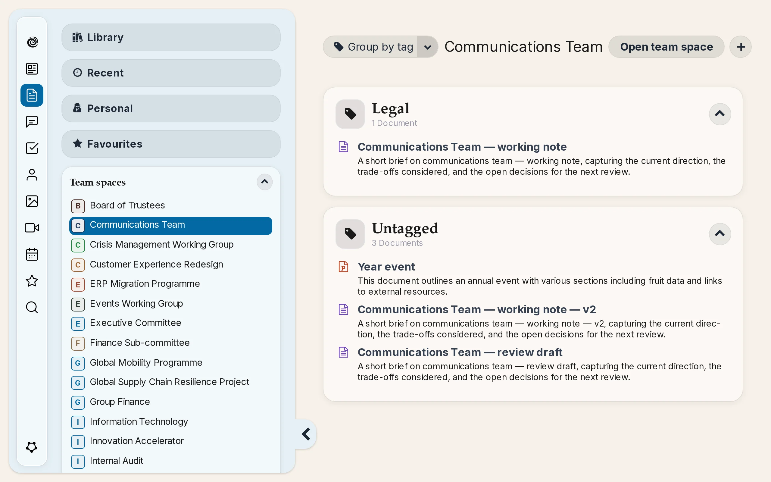 Team spaces inside Kikaron, ready to publish into the Library