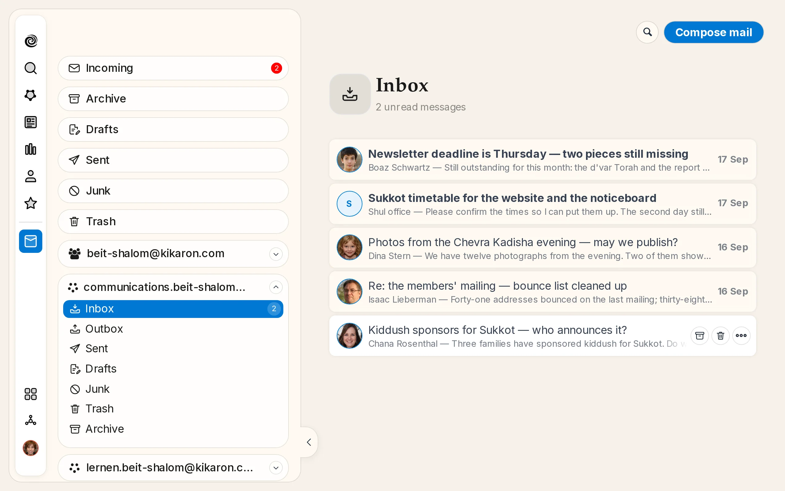 A committee mailbox in the Mail app, with the kehillah's own address and the other committees beside it