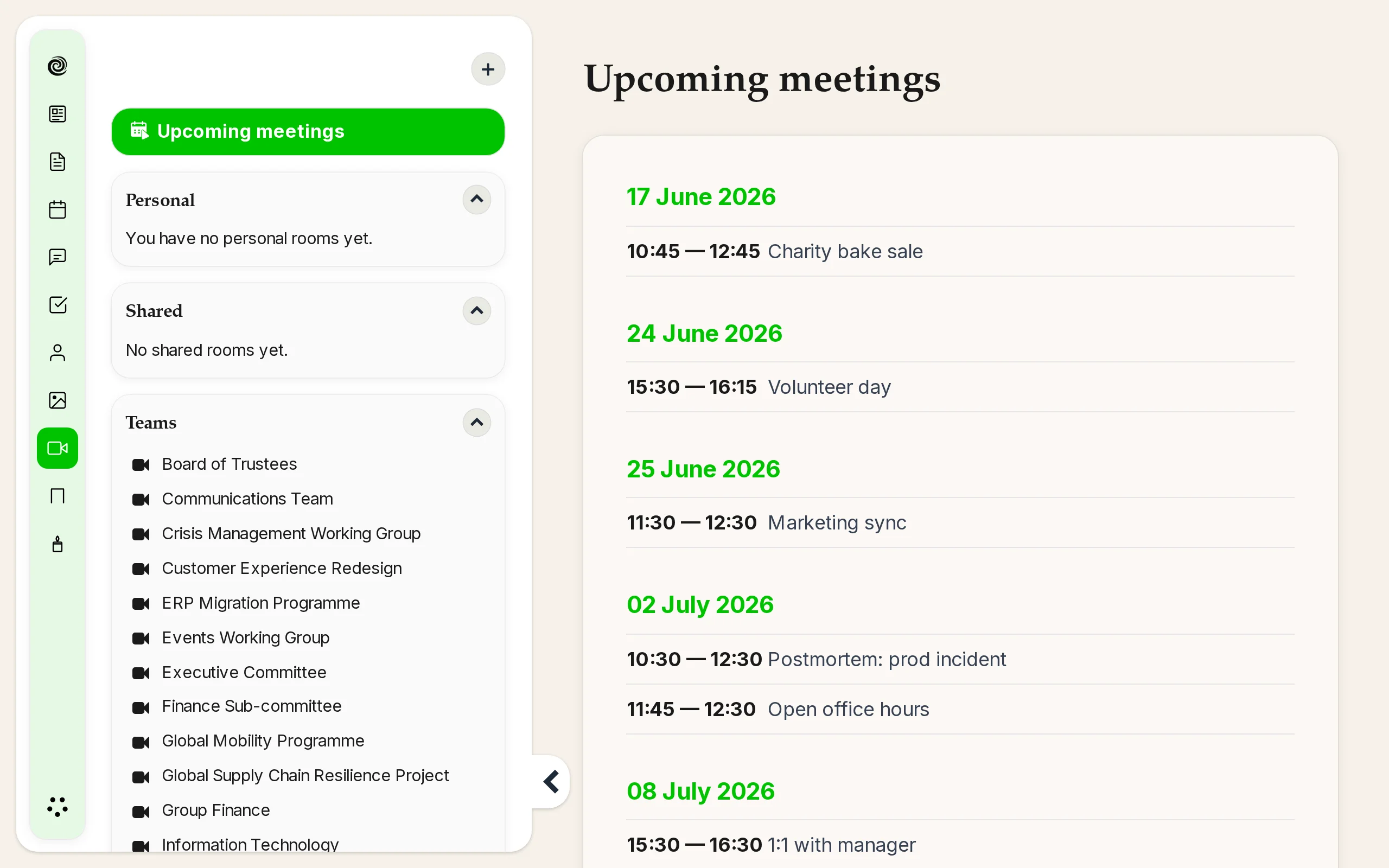 Meetings app sidebar listing personal, shared, and team space rooms