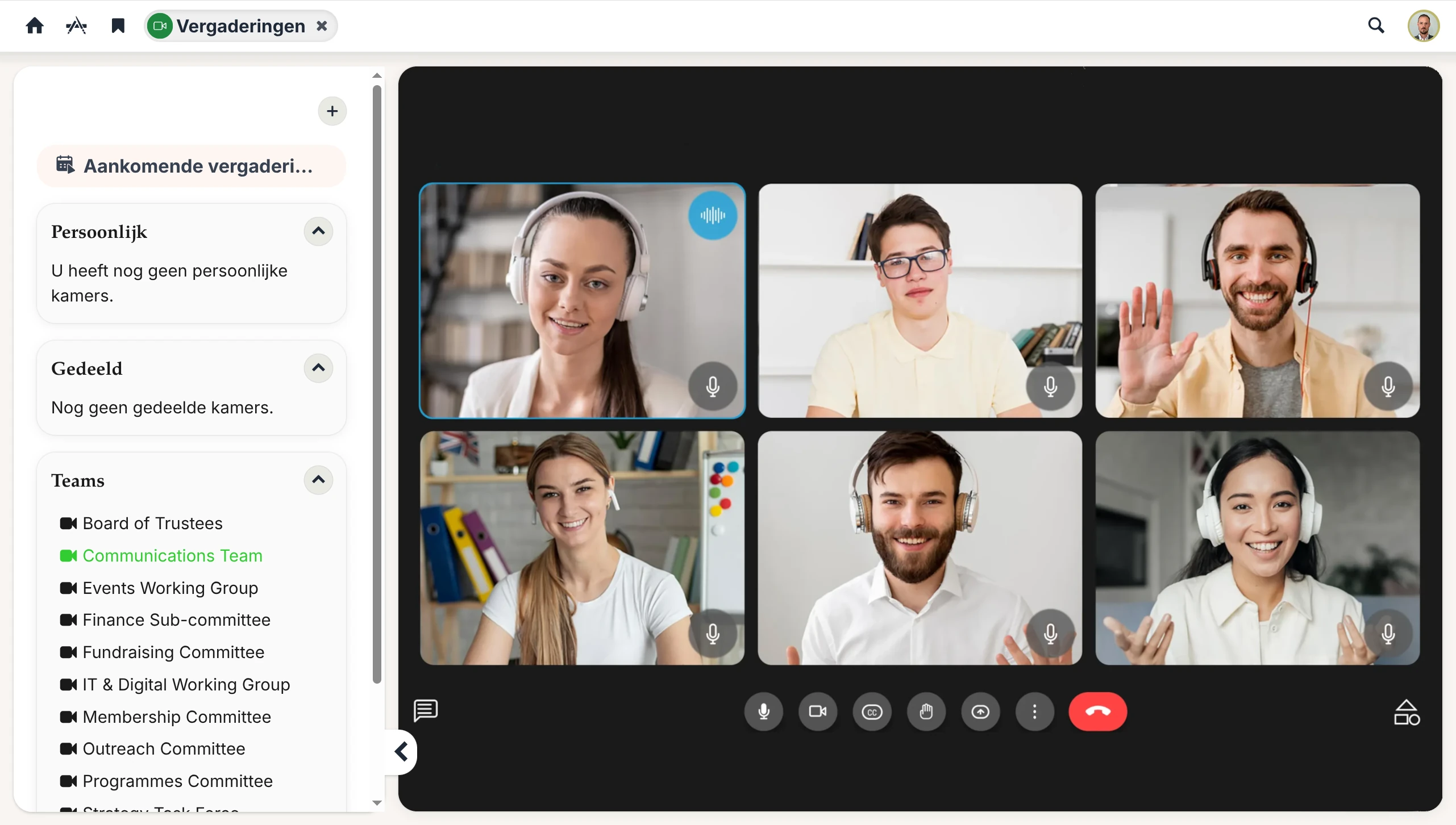 In-call view of a team space meeting with six participants