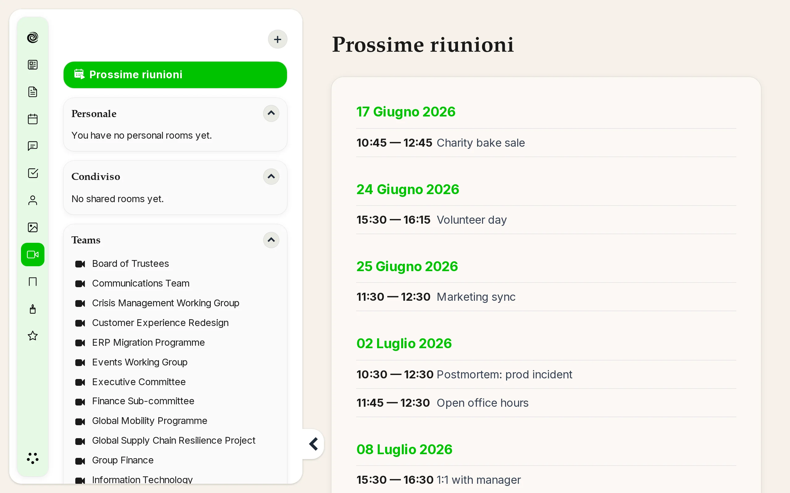 Barra laterale dell'app Riunioni con sale personali, condivise e di spazio del team