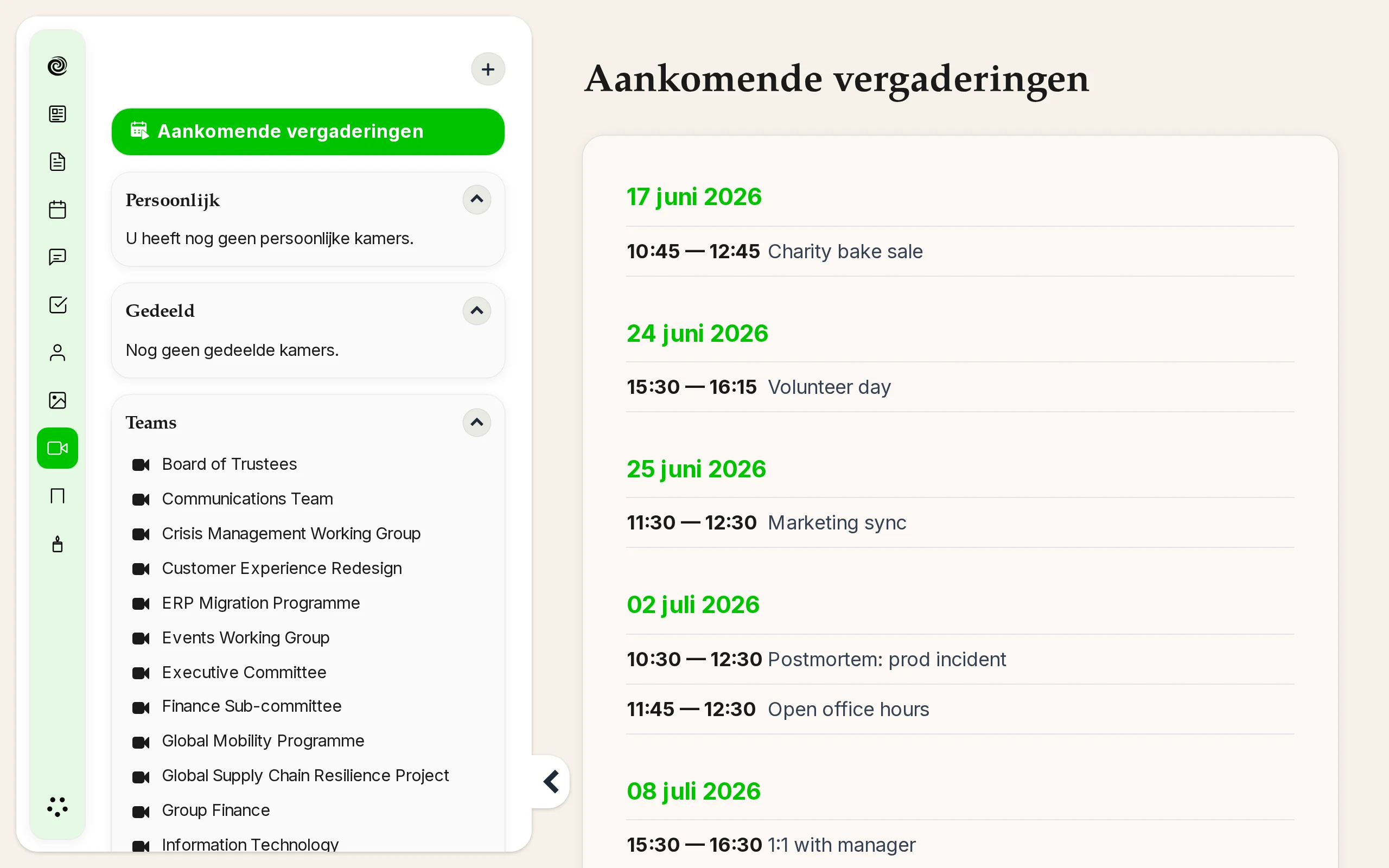 Zijbalk van de Meetings-app met persoonlijke, gedeelde en teamruimte-ruimtes