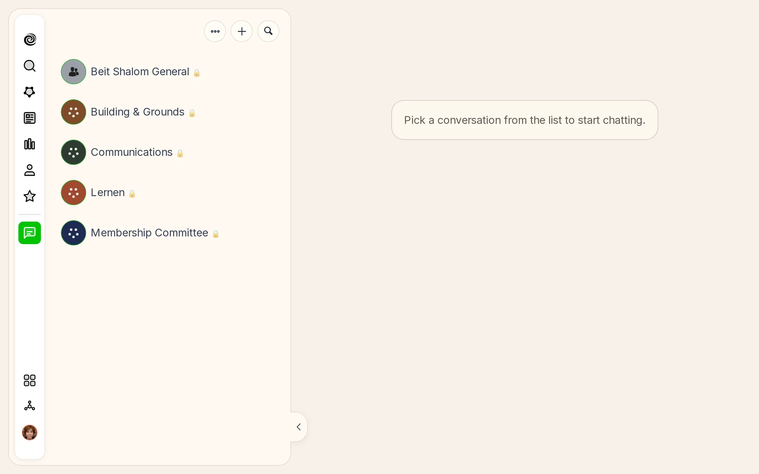 The Messages app: the General room and a room for each committee